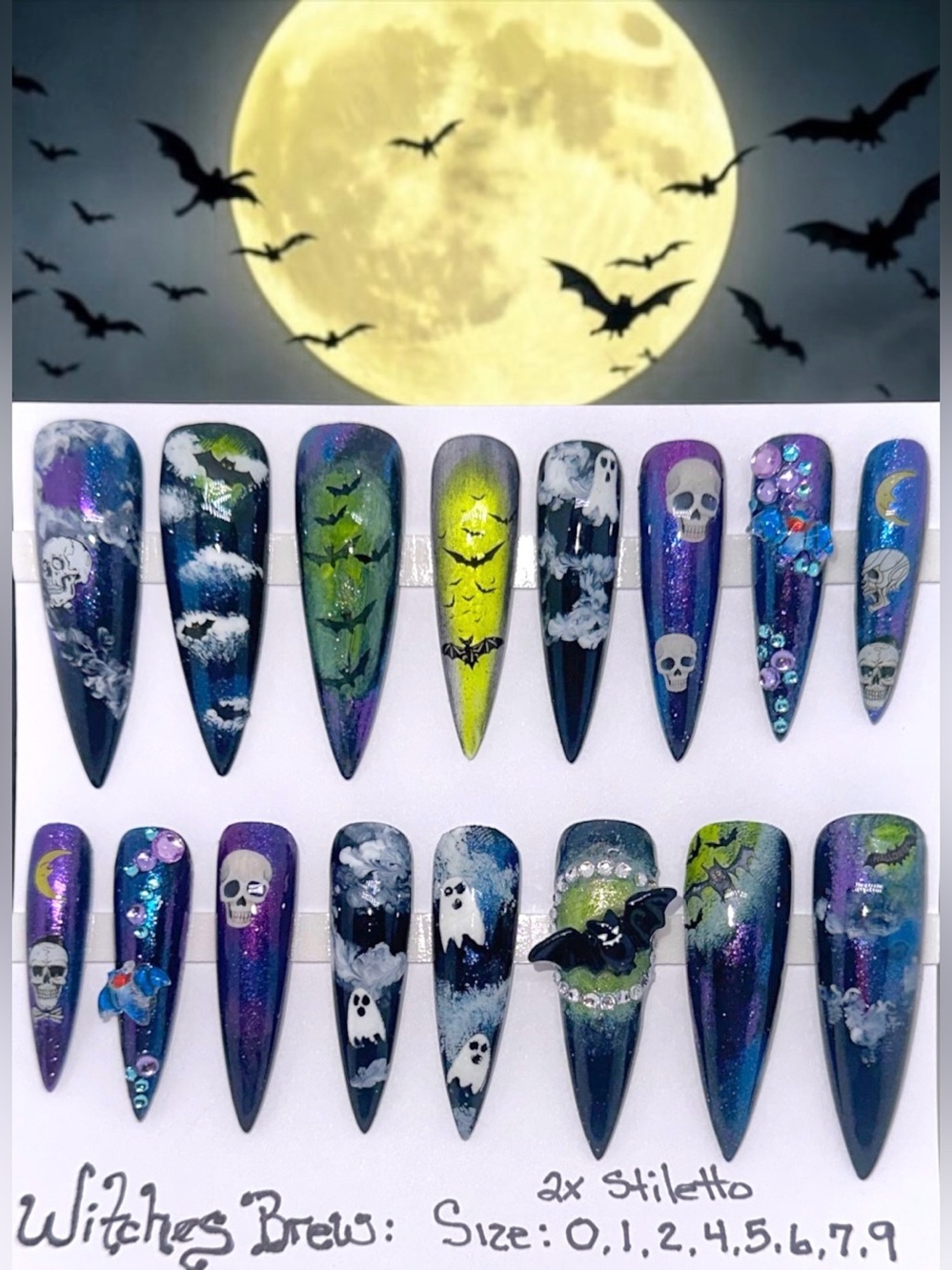 Handmade Custom Press On Nails 2X Long Stiletto Metallic Halloween Spooky Nails